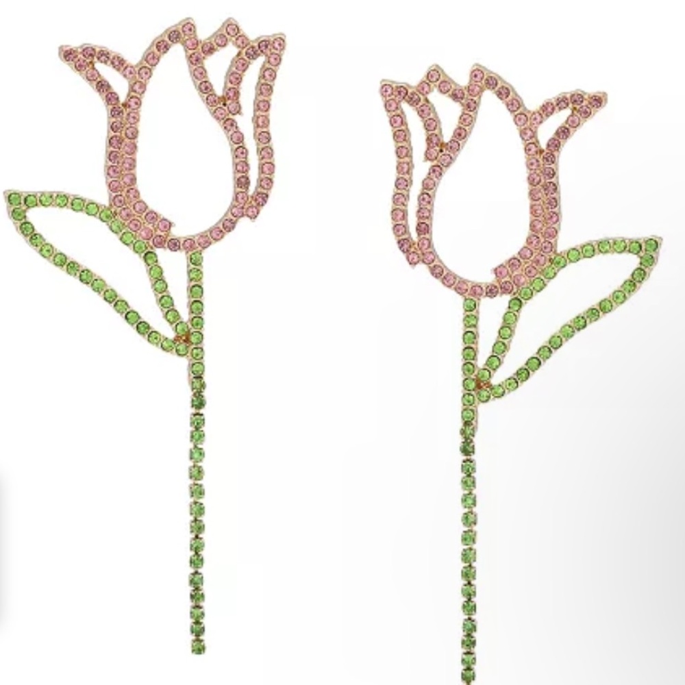 NWT Betsey Johnson Pink and Green Crystals Spring Chick Tulip Statement Earrings